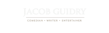 Jacob Guidry stand-up comedian logo with white text and gold subtitle on a dark background